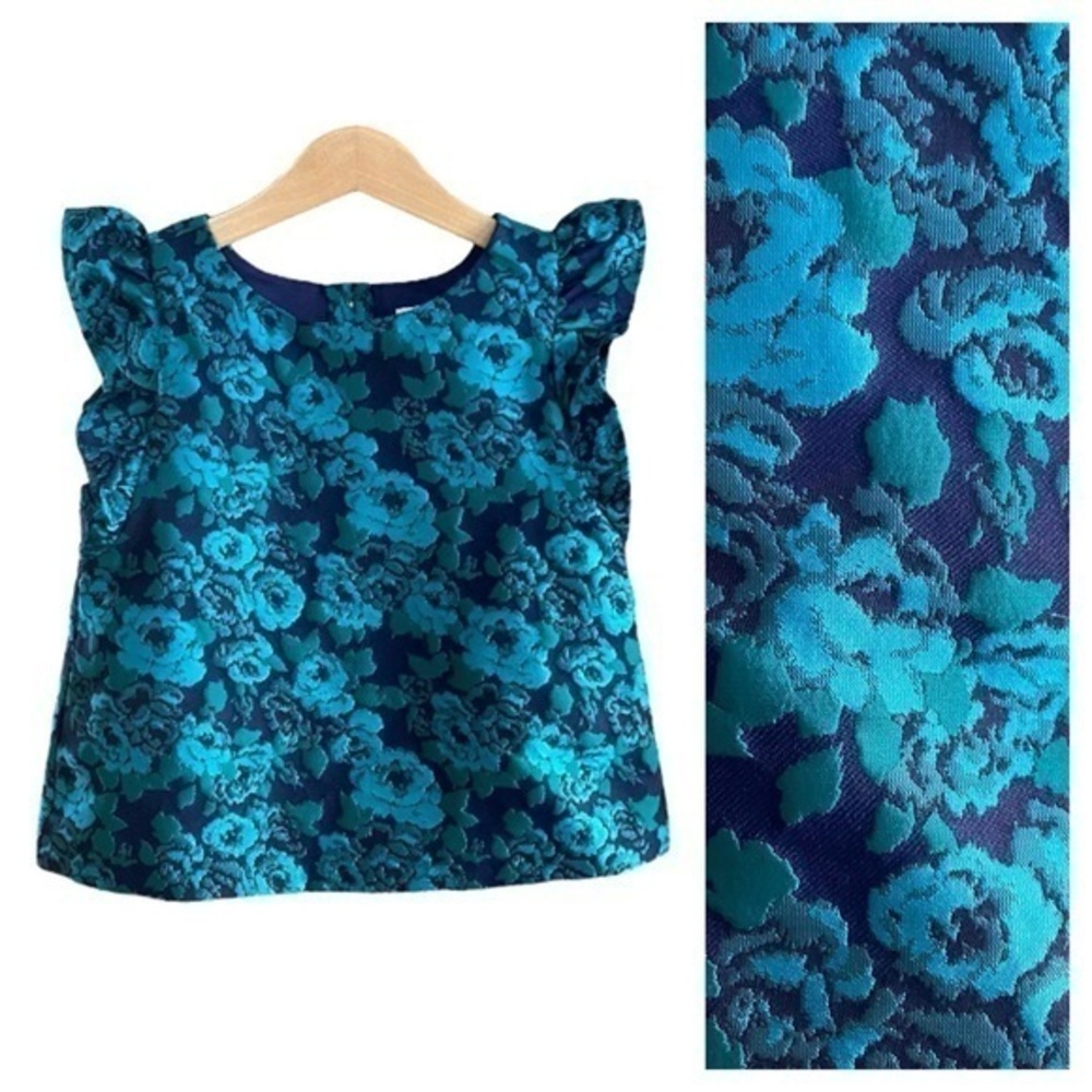 Janie and Jack Teal Blue Floral Jacquard Flutter Sleeve Top 6
